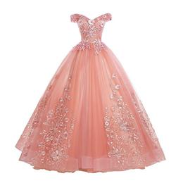 Picture of Pink Lace Flower Off Shoulder Sweet 16 Dresses, Pink Long Formal Dress Quinceaner Dresses